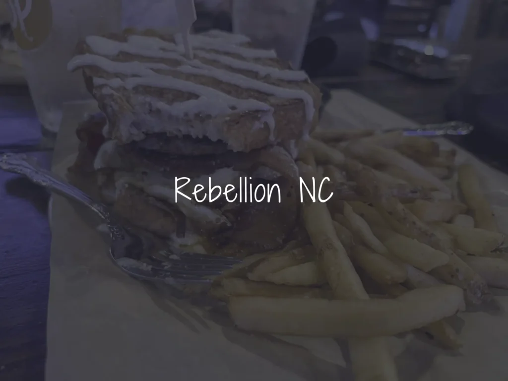 Close-up of a flaky pastry with white icing drizzled on top, on a tray with fries nearby; watermark reads 'Rebellion NC'.